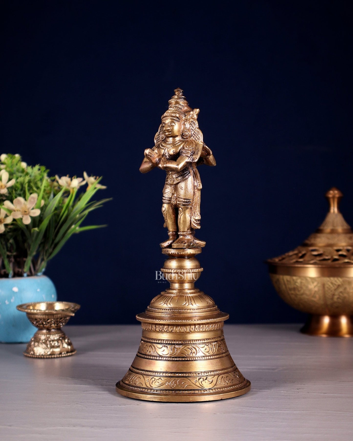 Handcrafted Bronze Garuda and Hanuman strong Hand Bell 8" - Budhshiv.com