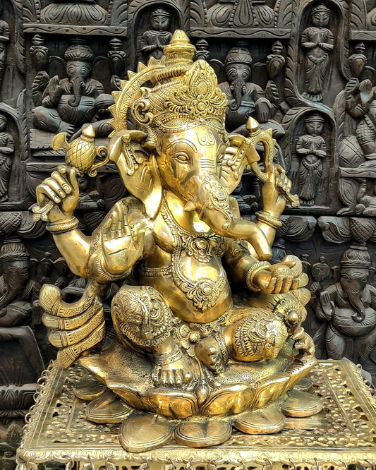 Handcrafted Ganapathi Statue 21": Lord Ganesha Seated on Lotus Base | 30 kg - Budhshiv.com