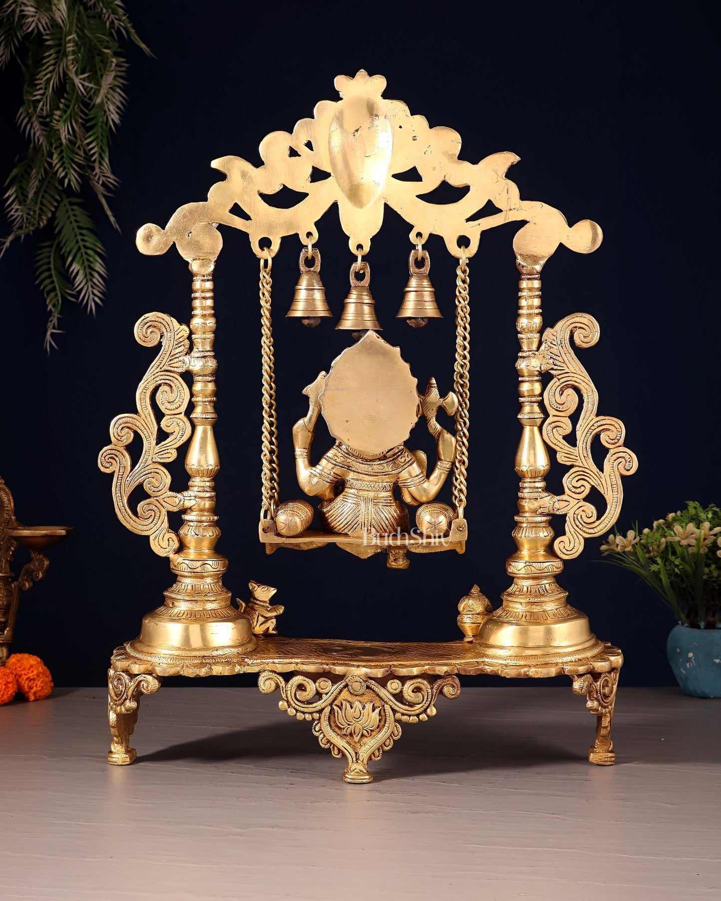 Handcrafted Ganesha on a Swing idol - Superfine Brass, 20" - Budhshiv.com