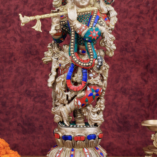 Handcrafted Krishna Statue pure brass idol 21 inch - Budhshiv.com