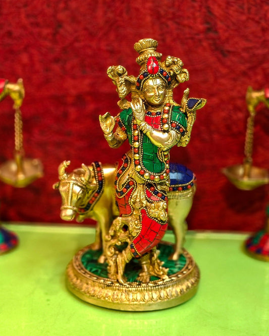 Handcrafted Krishna with Cow Brass Idol 10.5 inch - Budhshiv.com