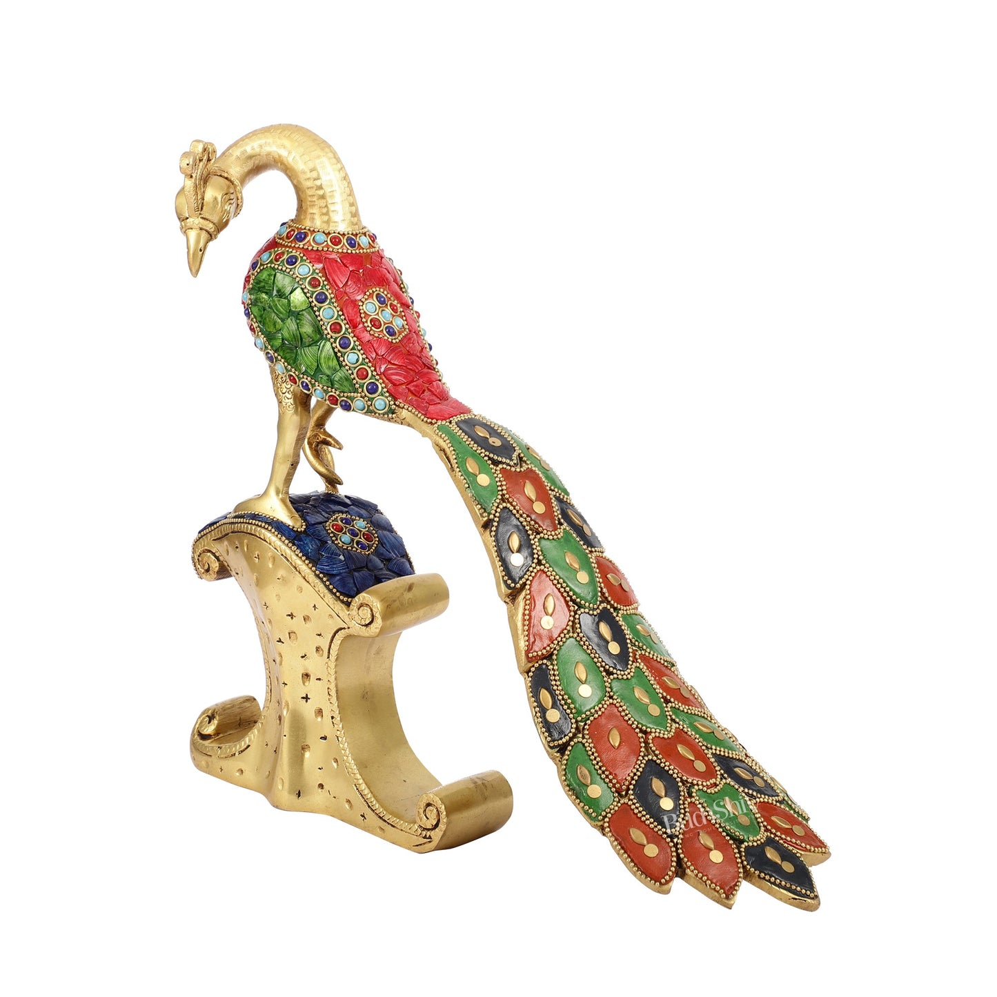 Handcrafted Peacock Showpiece: Pure Brass with Stonework | 13 inch - Budhshiv.com