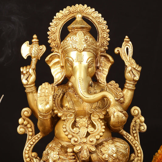 Handcrafted Pure Brass Ganesha Idol with Golden Finish - 12" Elegant Sculpture - Budhshiv.com
