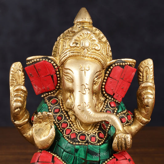 Handcrafted Pure Brass Ganesha Idol with Red and Green Stone Accents, 5" Height - Budhshiv.com