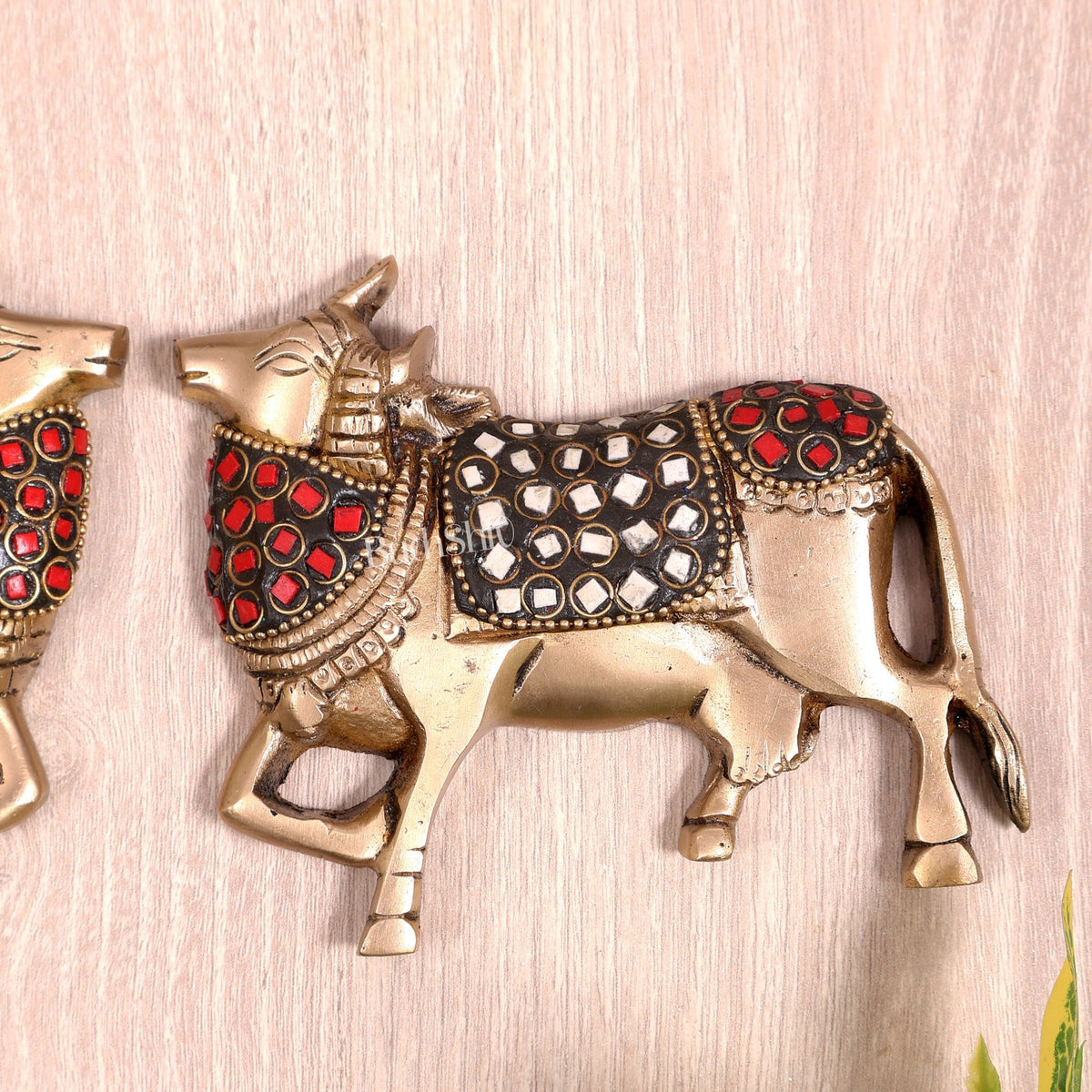 Handcrafted Pure Brass Kamdhenu Cow Wall Hanging for Pooja Room - 5" stonework - Budhshiv.com