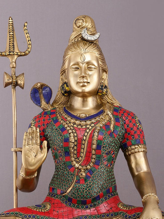 Handcrafted Pure Brass Lord Shiva Statue - 23" Height with Meenakari Stonework - Budhshiv.com