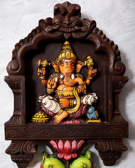 Handcrafted Wooden Ganesha with Twin Parrots Wall Panel – 18 Inches - Budhshiv.com