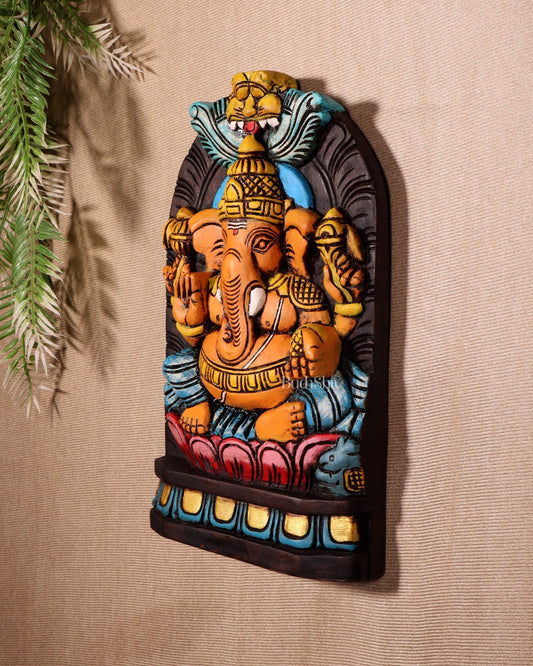 Handcrafted Wooden Lord Ganesha Wall Hanging – Hand - Painted 12" - Budhshiv.com