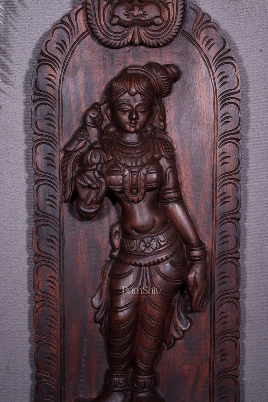 Handcrafted Wooden Meenakshi Amman Wall Hanging – 18 Inch - Budhshiv.com