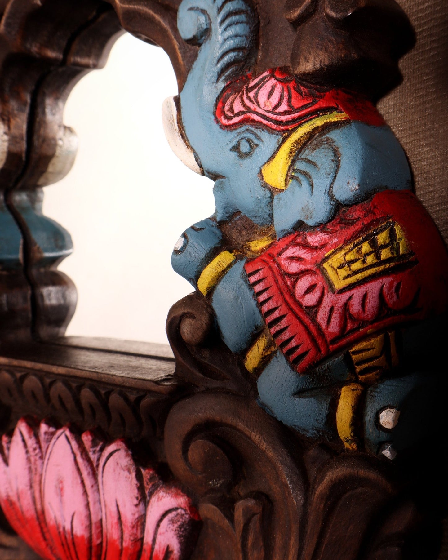 Handcrafted Wooden Twin Elephant & Kirtimukha Wall Bracket with Mirror 12" - Budhshiv.com