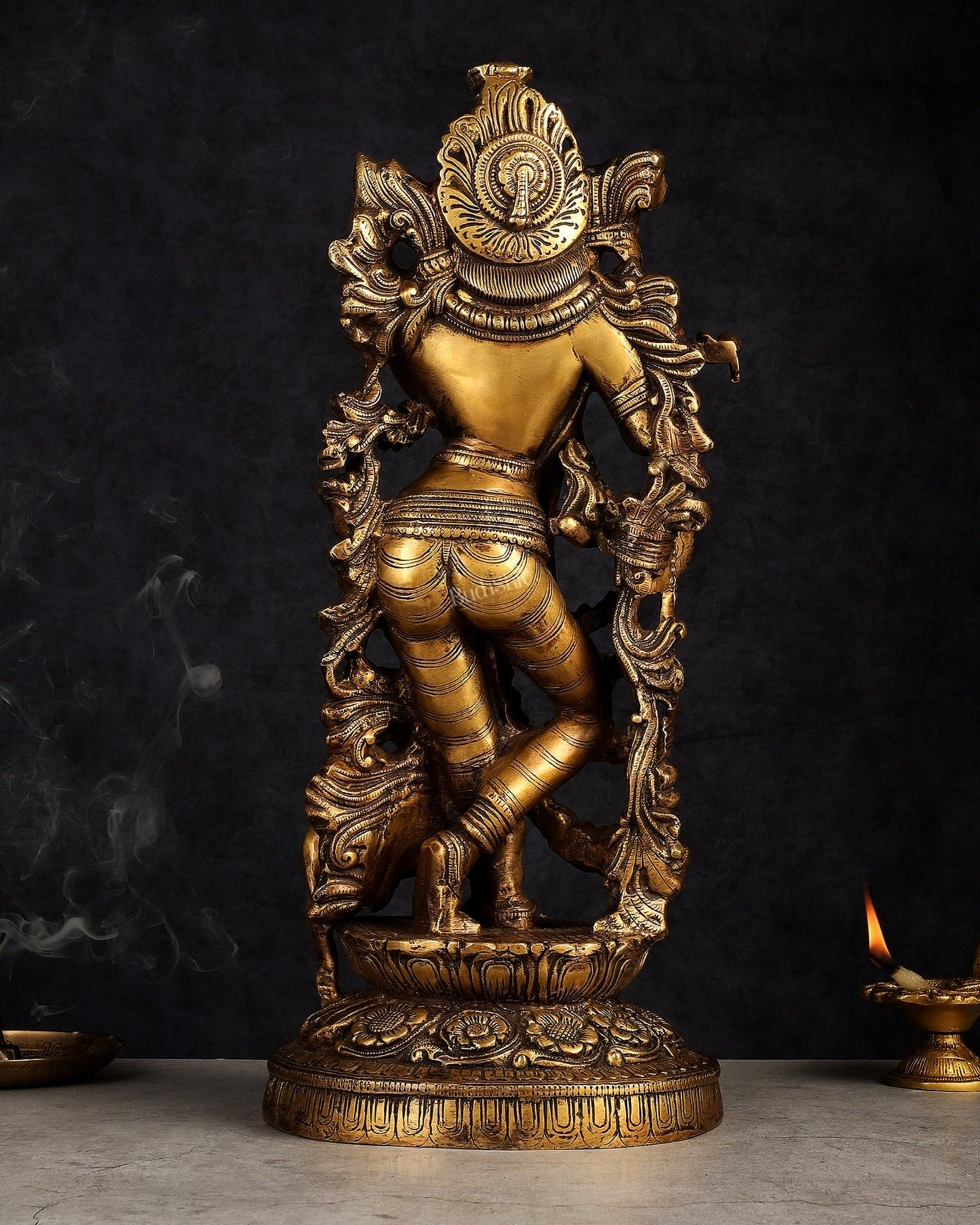 Handmade Brass Lord Krishna with Jumping Cow Statue - 18" - Budhshiv.com