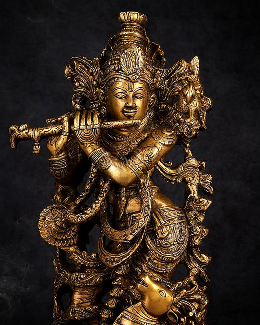 Handmade Brass Lord Krishna with Jumping Cow Statue - 18" - Budhshiv.com