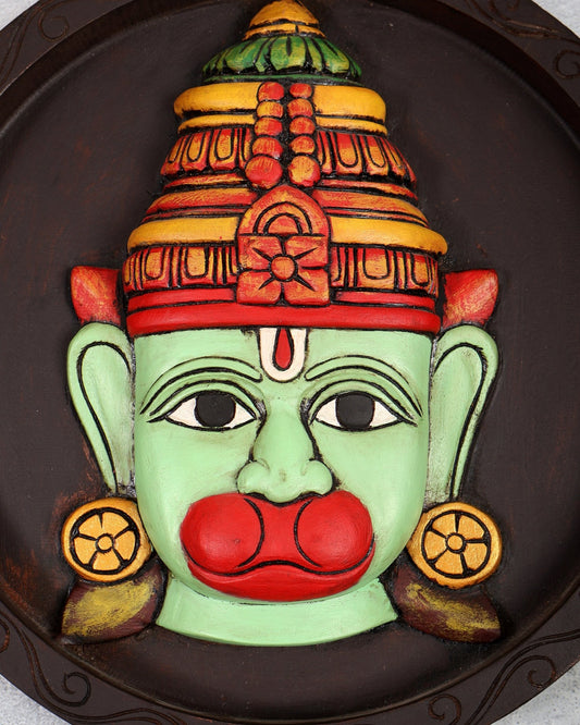 Handpainted Wooden Hanuman Face round Wall Hanging – Green Finish Decorative Panel (12 Inches) - Budhshiv.com