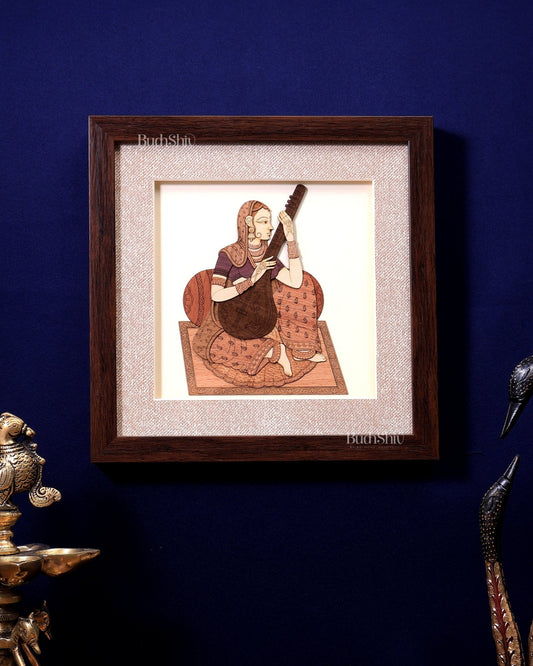 Indian Lady Playing Veena – Handcrafted Wooden 3D Wall Hanging - Budhshiv.com