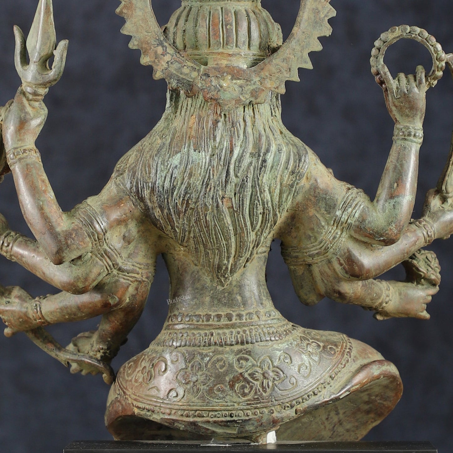 Indonesian Bronze Eight - Armed Goddess Durga Seated on Wooden Base | 14" | - Budhshiv.com