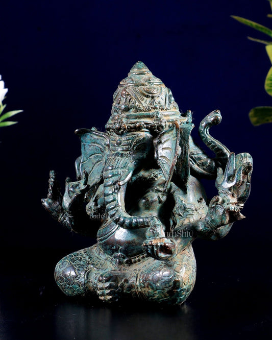 Indonesian Bronze Ganesha | 3 - Face Small Sculpture, 12.5 cm (5 inch) - Budhshiv.com
