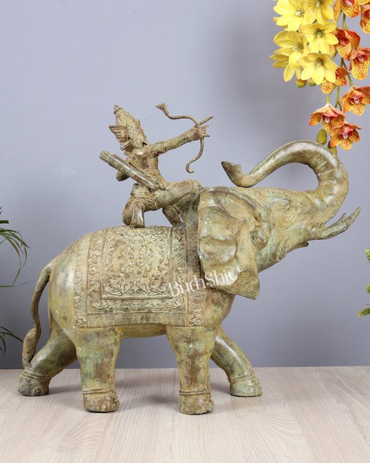 Indonesian Bronze Lord indra on Elephant Raising Bow Sculpture 23" vintage patina - Budhshiv.com