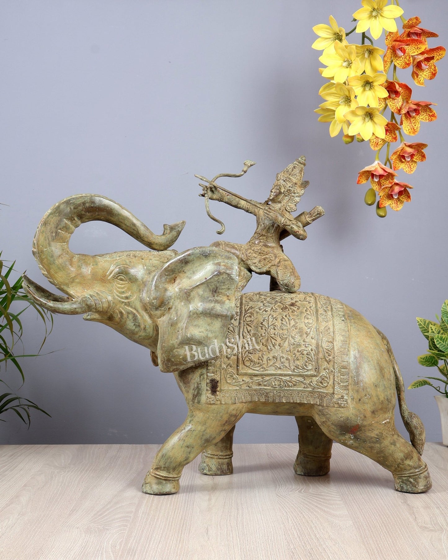 Indonesian Bronze Lord indra on Elephant Raising Bow Sculpture 23" vintage patina - Budhshiv.com