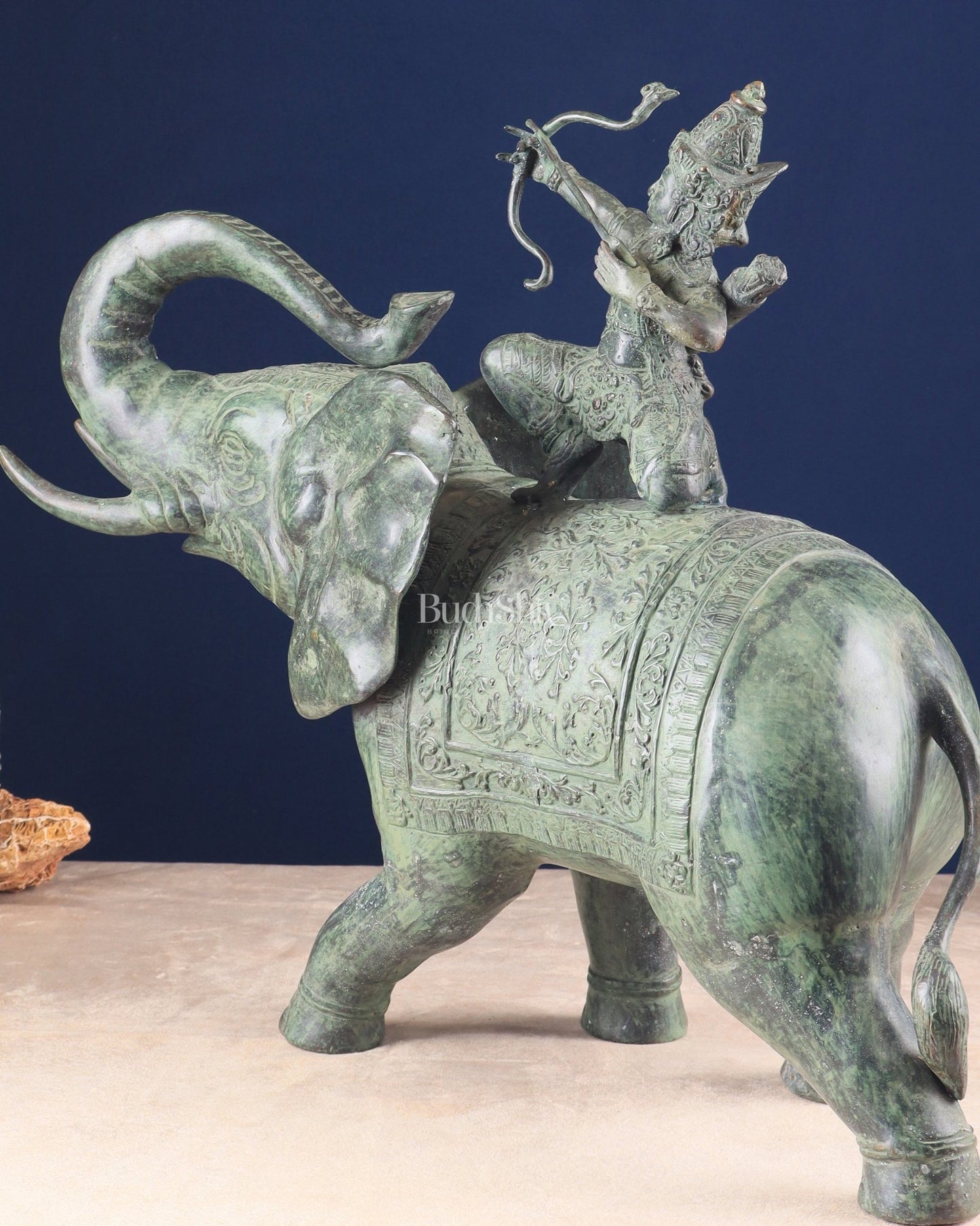 Indonesian Bronze Lord indra on Elephant Raising Bow Sculpture 23" - Budhshiv.com