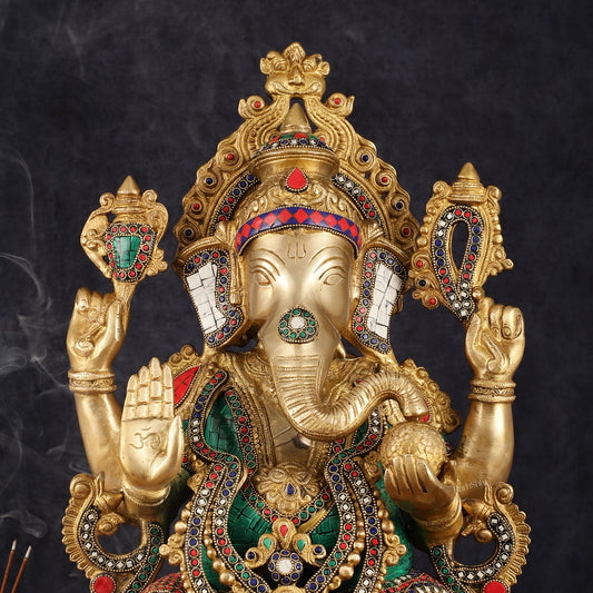 Intricate 21 - Inch Brass Ganesha Statue with Stonework - Seated on Lotus - Budhshiv.com