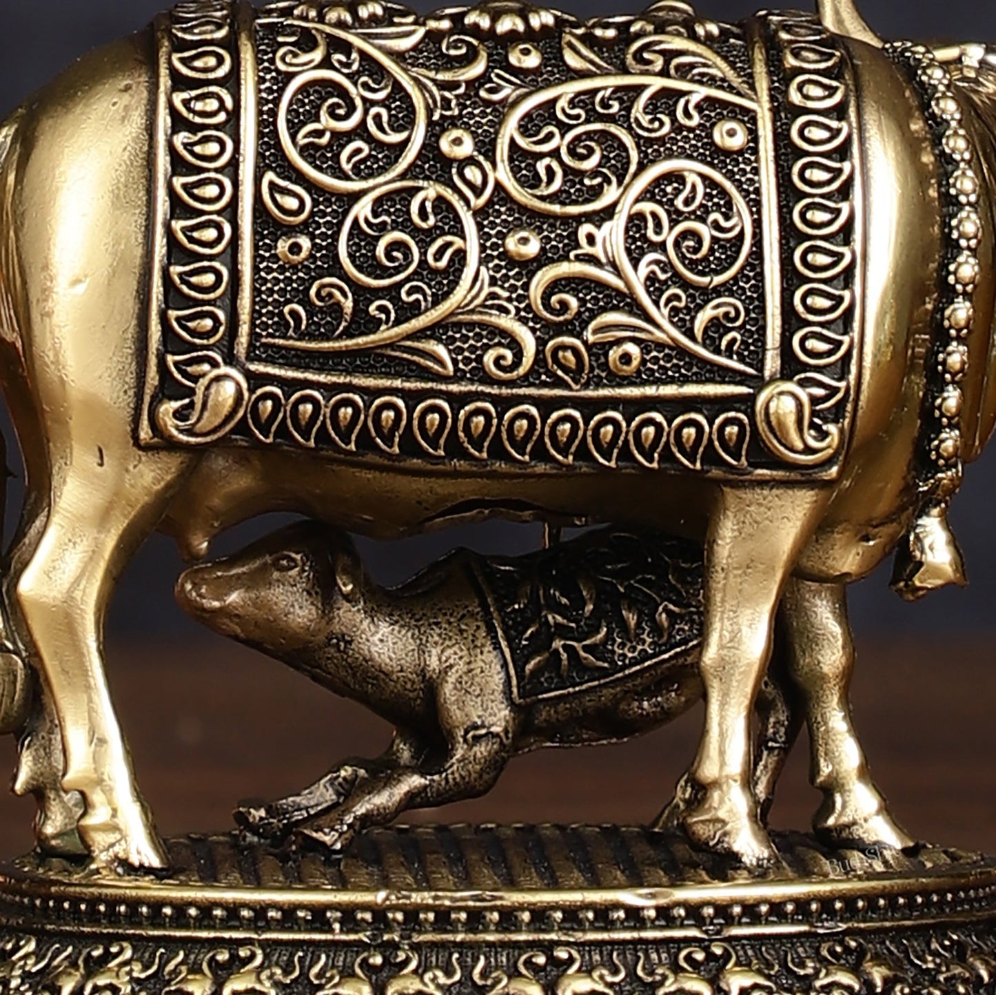 Intricate Brass antique Small Kamdhenu Cow with Calf Idol - 3 - inch - Budhshiv.com
