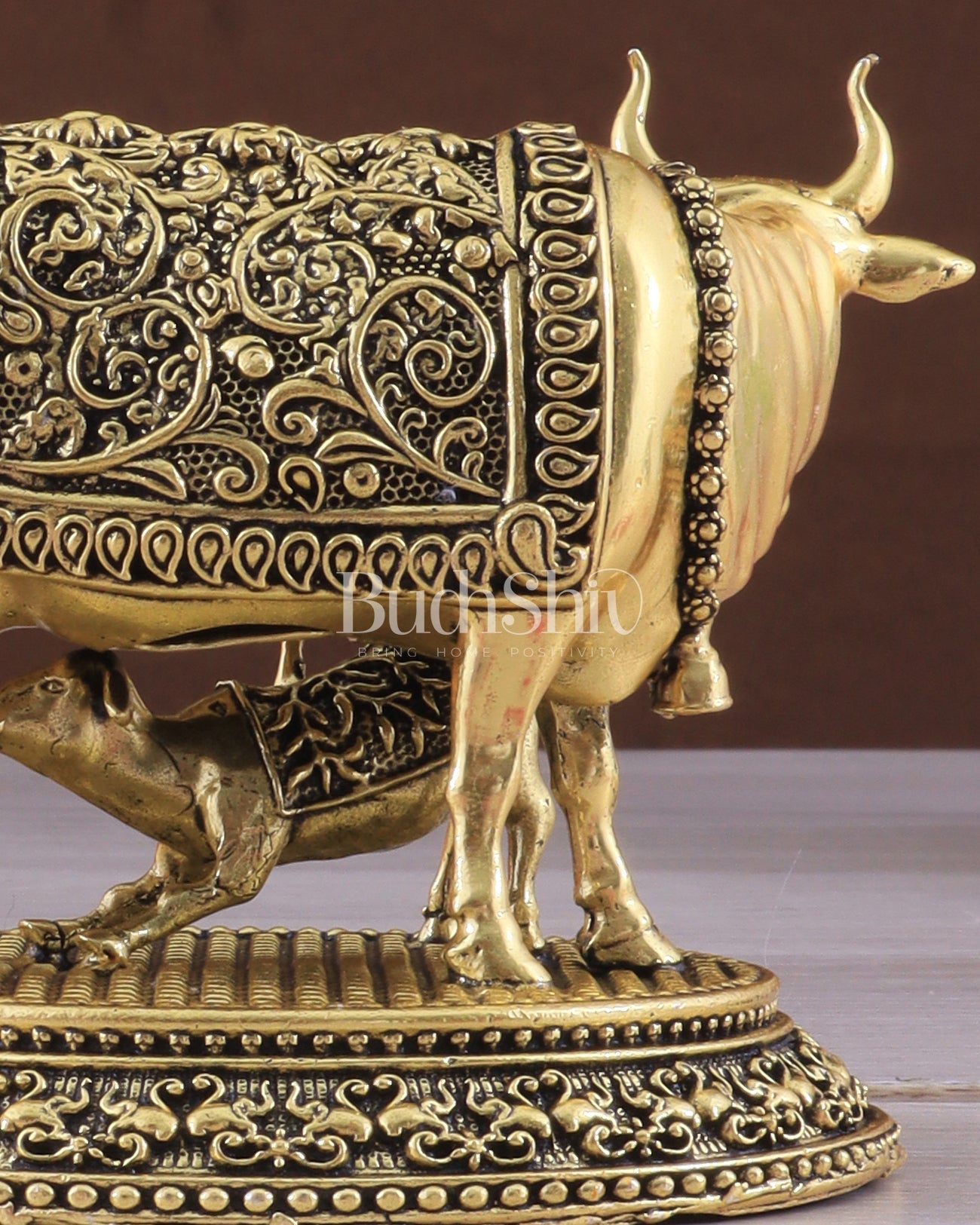 Intricate Brass antique Small Kamdhenu Cow with Calf Idol - 3.5 - inch golden tone - Budhshiv.com