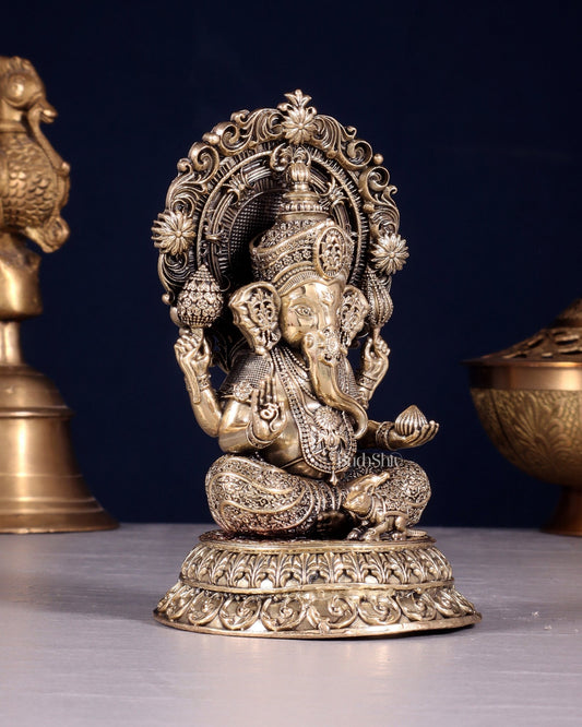 Intricate Brass Superfine Ganesha on Throne Idol 5.25" - Budhshiv.com