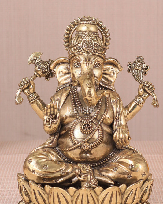 Intricate Ganesha Superfine Brass Idol with Clear Detailing 6' - Budhshiv.com