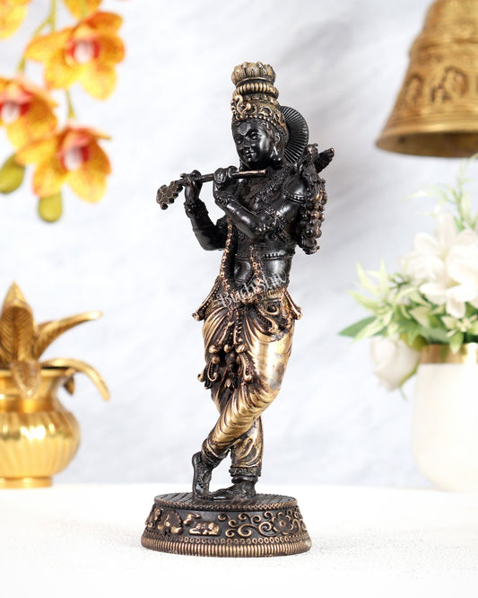 Intricate Pure Brass Lord Krishna Statue - 7.5" black tone - Budhshiv.com
