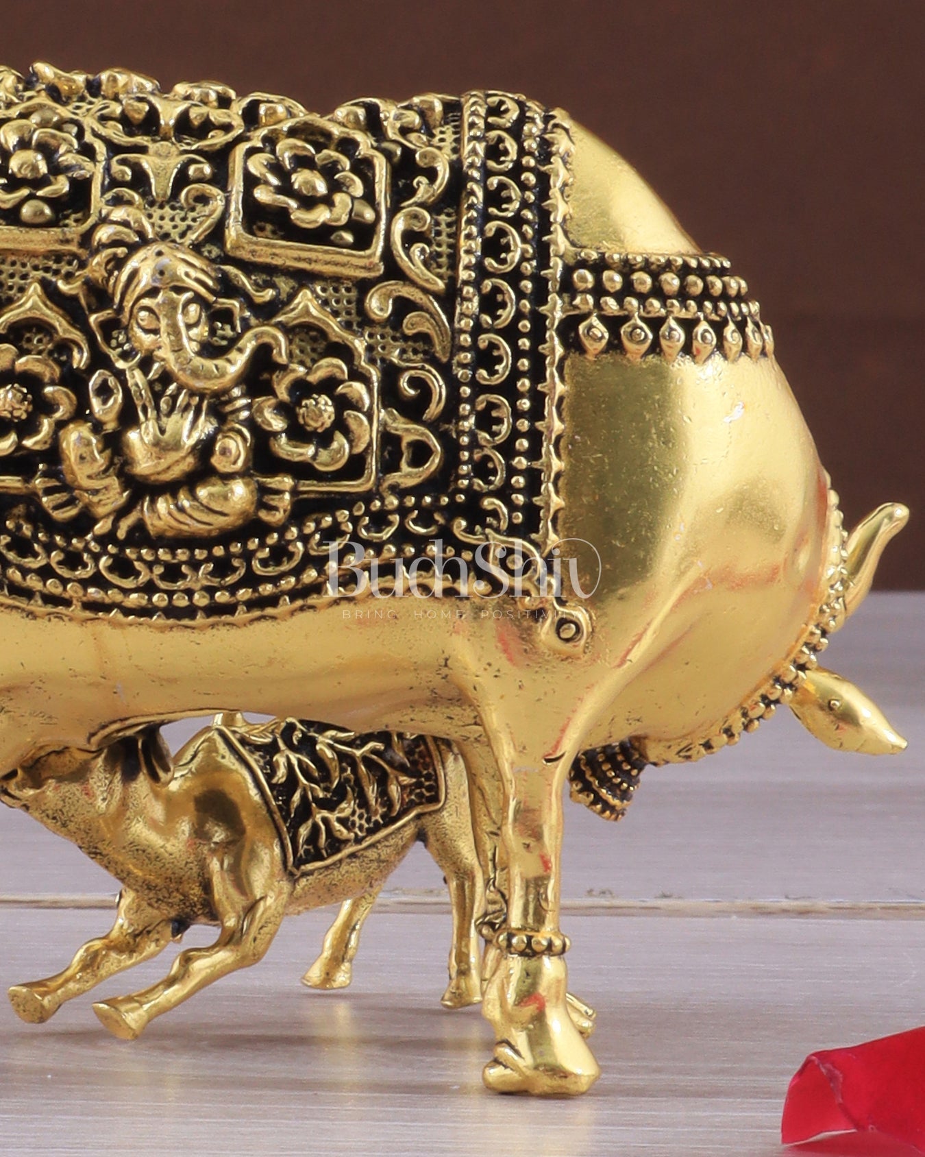 Intricate Small Brass Kamdhenu Cow with Calf Idol - 3.5" Tall golden tone - Budhshiv.com