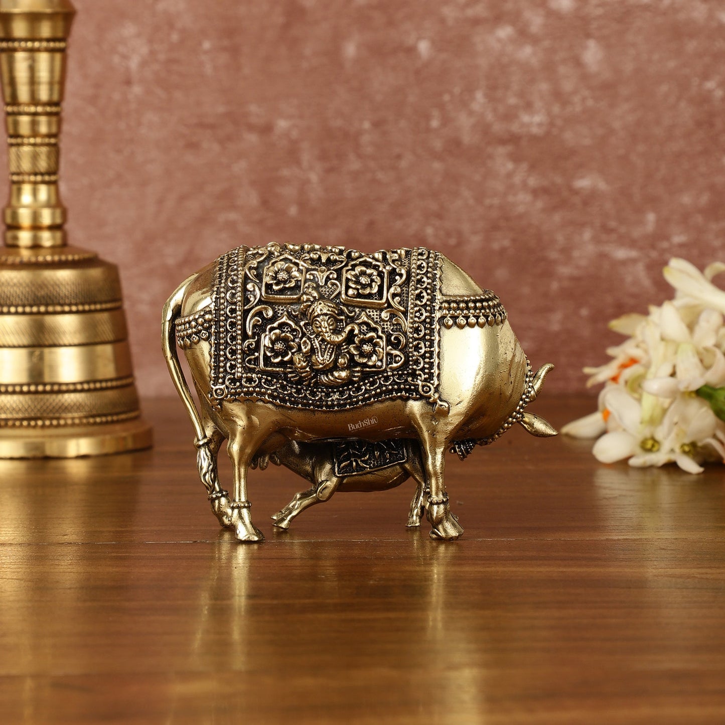 Intricate Small Brass Kamdhenu Cow with Calf Idol - 3.5" Tall - Budhshiv.com
