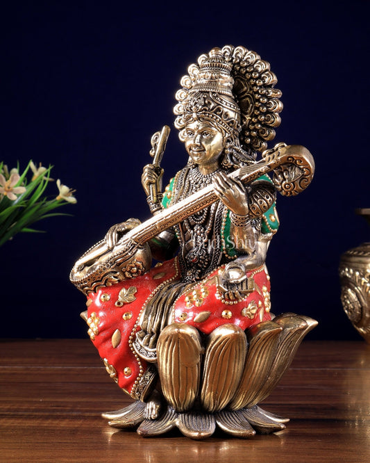 Intricate Superfine Brass Saraswati Idol - 8" Tall meenakari - Budhshiv.com