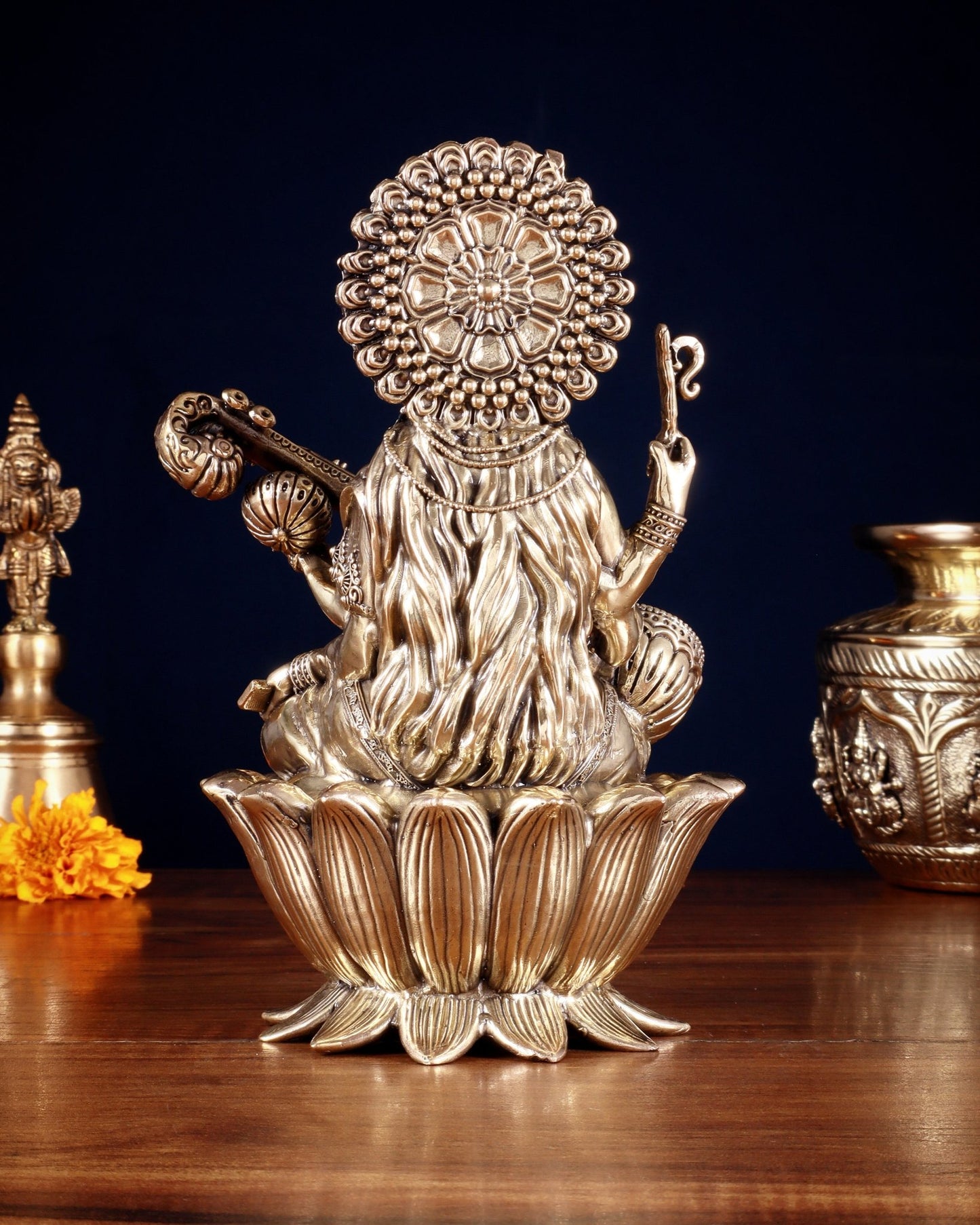 Intricate Superfine Brass Saraswati Idol - 8" Tall - Budhshiv.com