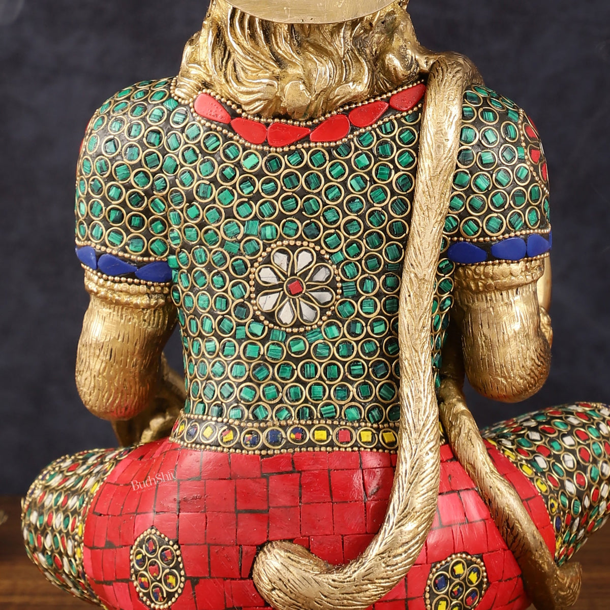 Intricately Carved Brass Lord Hanuman Idol - 11" Height, Spiritual Blessing - Budhshiv.com