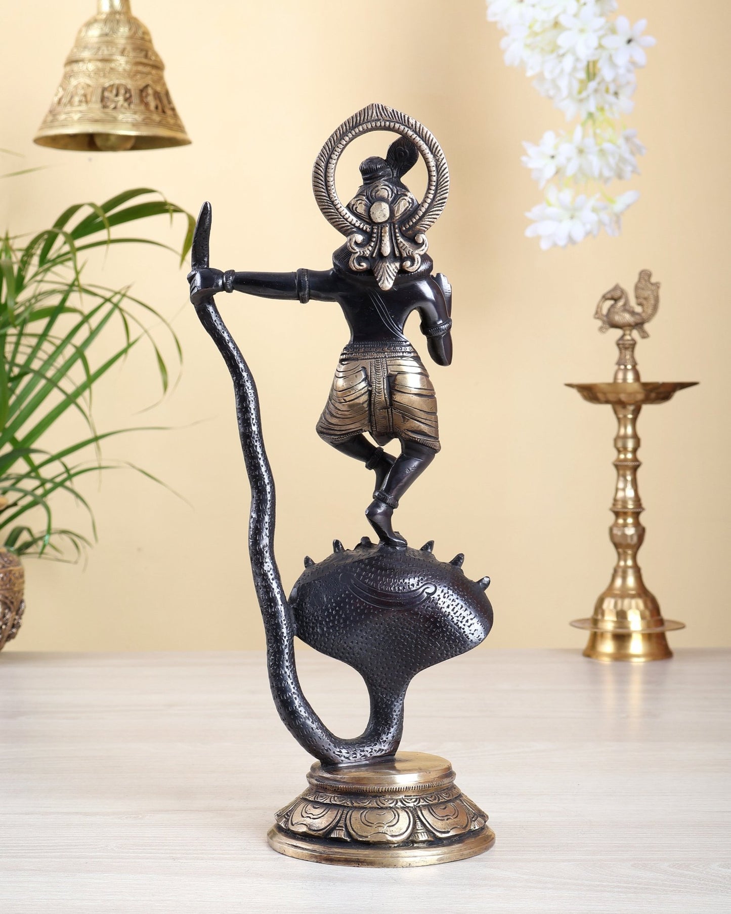 Krishna Dancing on Kaliya Naag Brass Idol 13" Black finish - Budhshiv.com