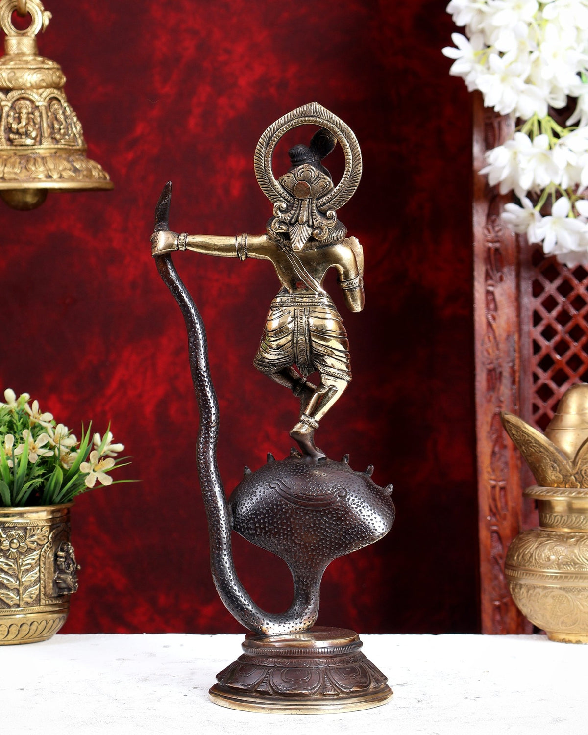 Krishna Dancing on Kaliya Naag Brass Idol 13" brown gold - Budhshiv.com