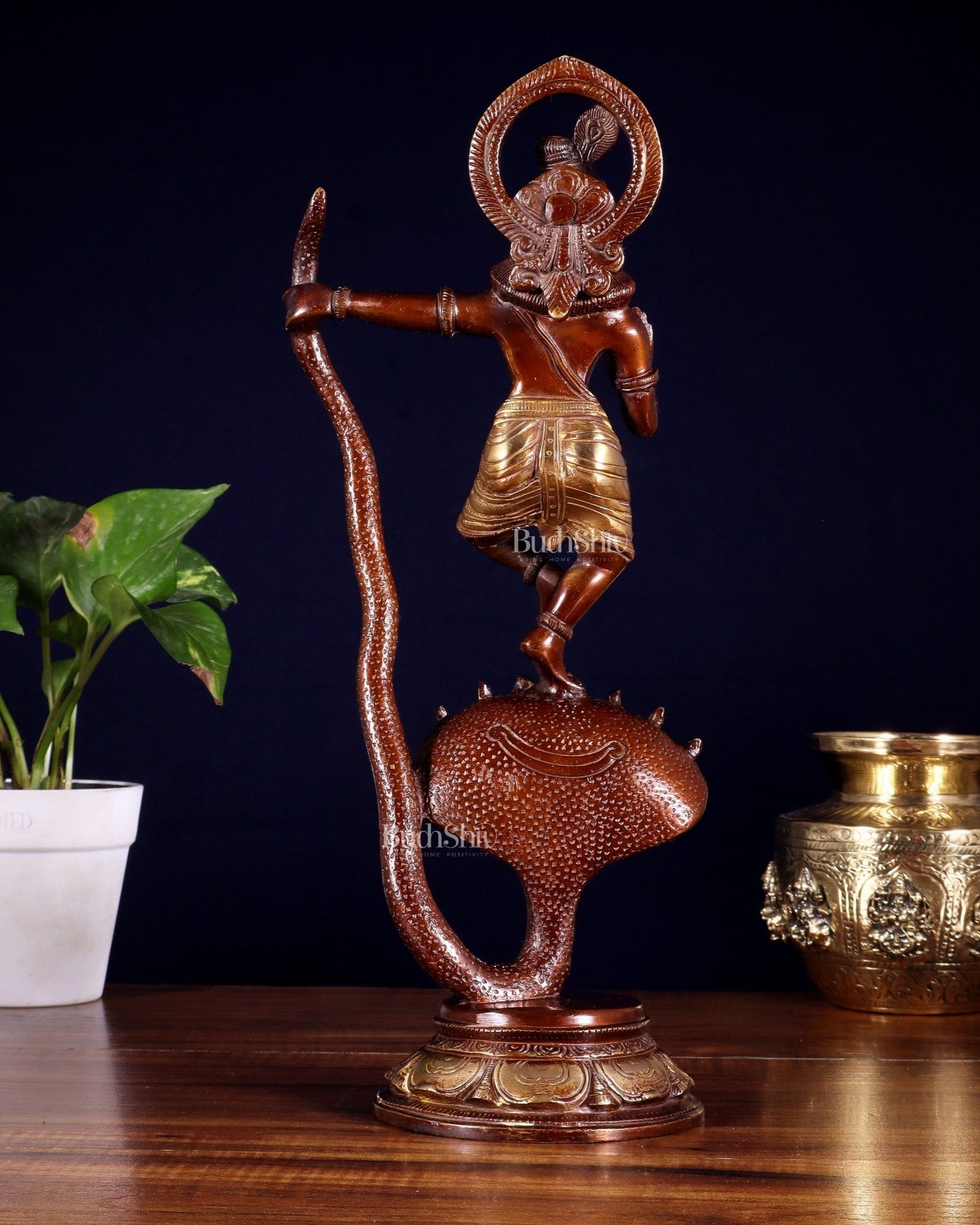 Krishna Dancing on Kaliya Naag Brass Idol 13" dual tone - Budhshiv.com
