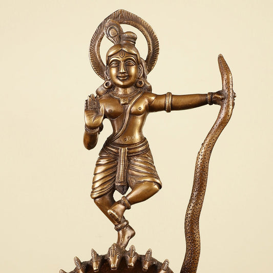 Krishna Dancing on Kaliya Naag Brass Idol 13" - Budhshiv.com