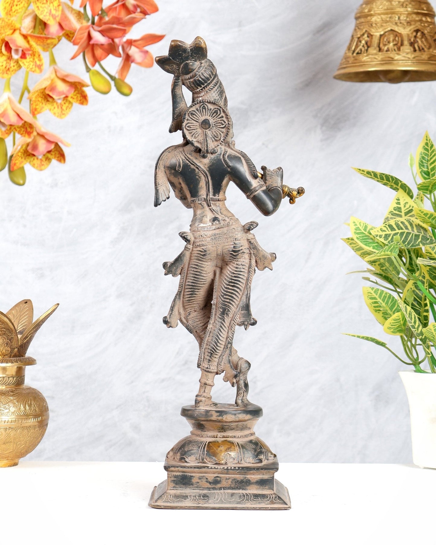 Krishna Pure Brass Statue with Sand Patina Finish – 14 Inches - Budhshiv.com