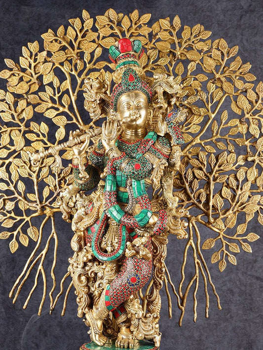 Krishna Superfine Brass Idol with Kalpavriksha Tree | Multicolour Stonework - Budhshiv.com