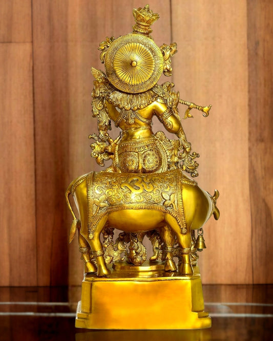 Krishna With Cow 28 inches brass idol - Budhshiv.com