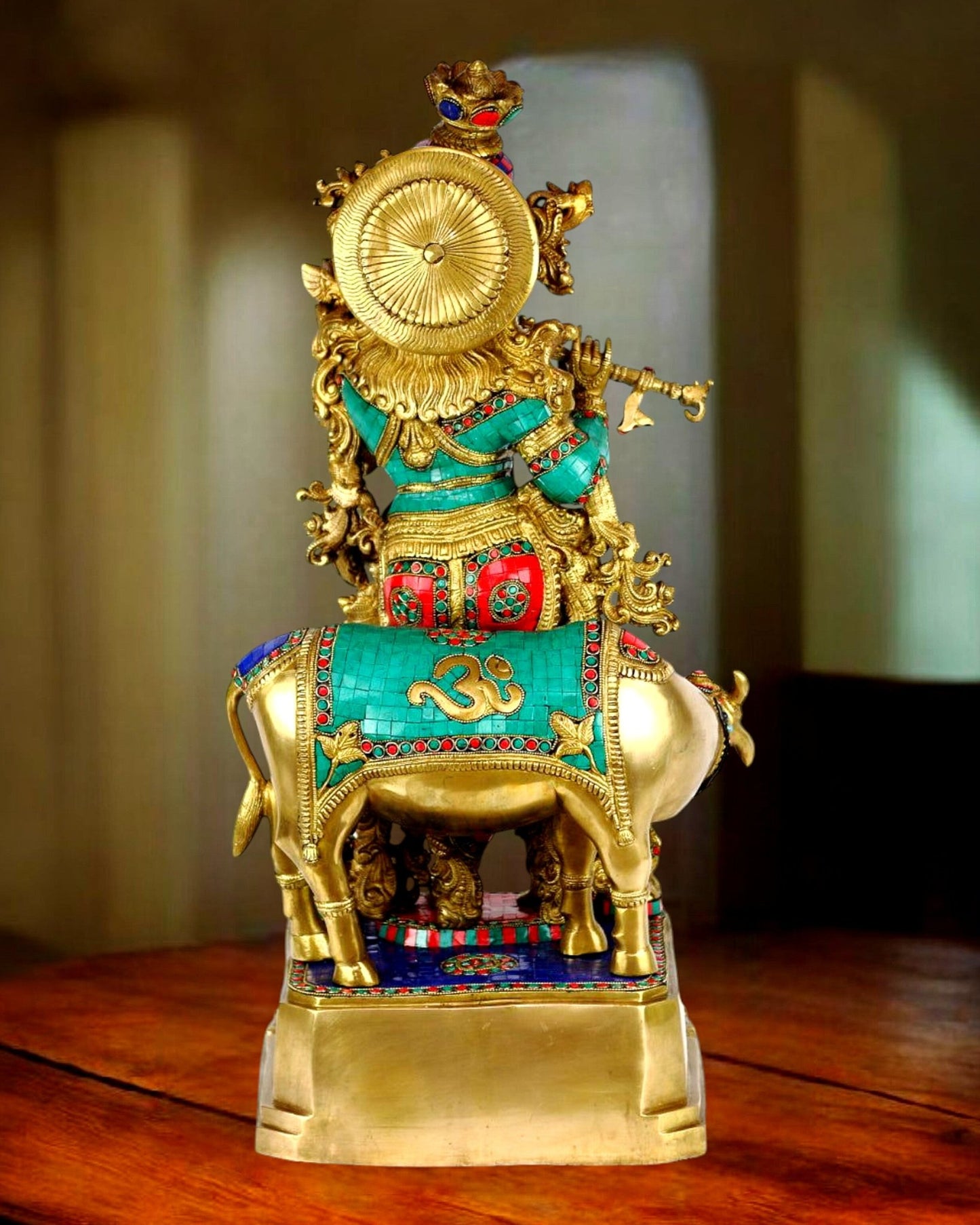Krishna With Cow 29 inches brass idol with stonework - Budhshiv.com