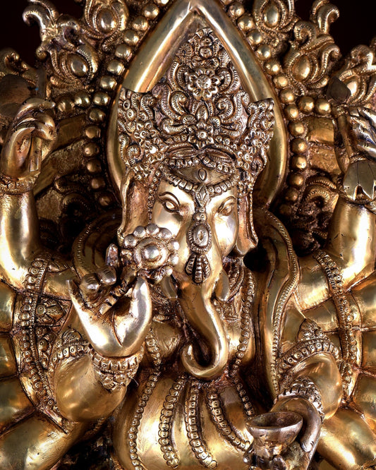 Large Brass Dancing Ganesha Statue with 12 Arms & Mouse - Budhshiv.com