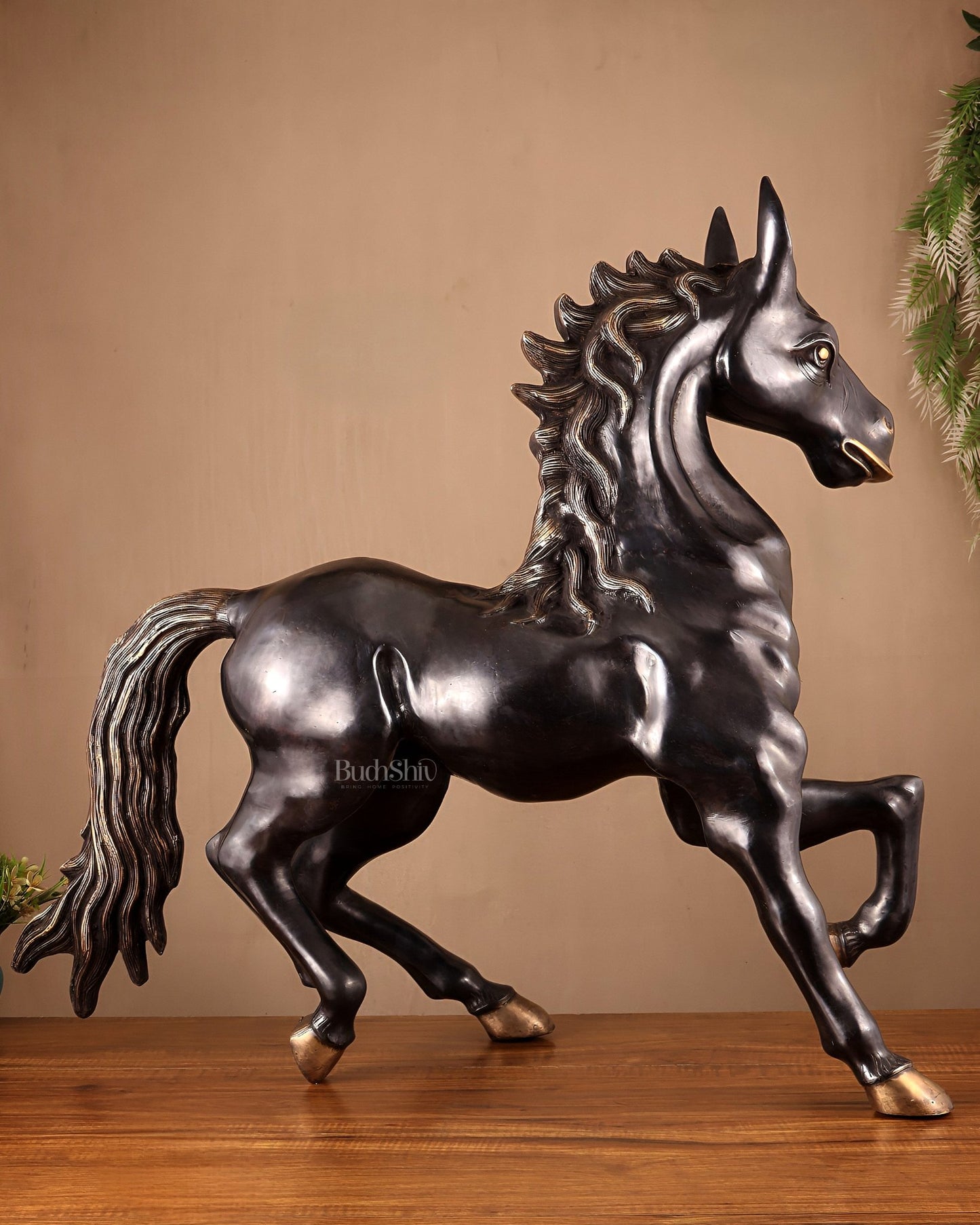 Large Brass Galloping Horse Showpiece Black Tone Finish 30" - Budhshiv.com