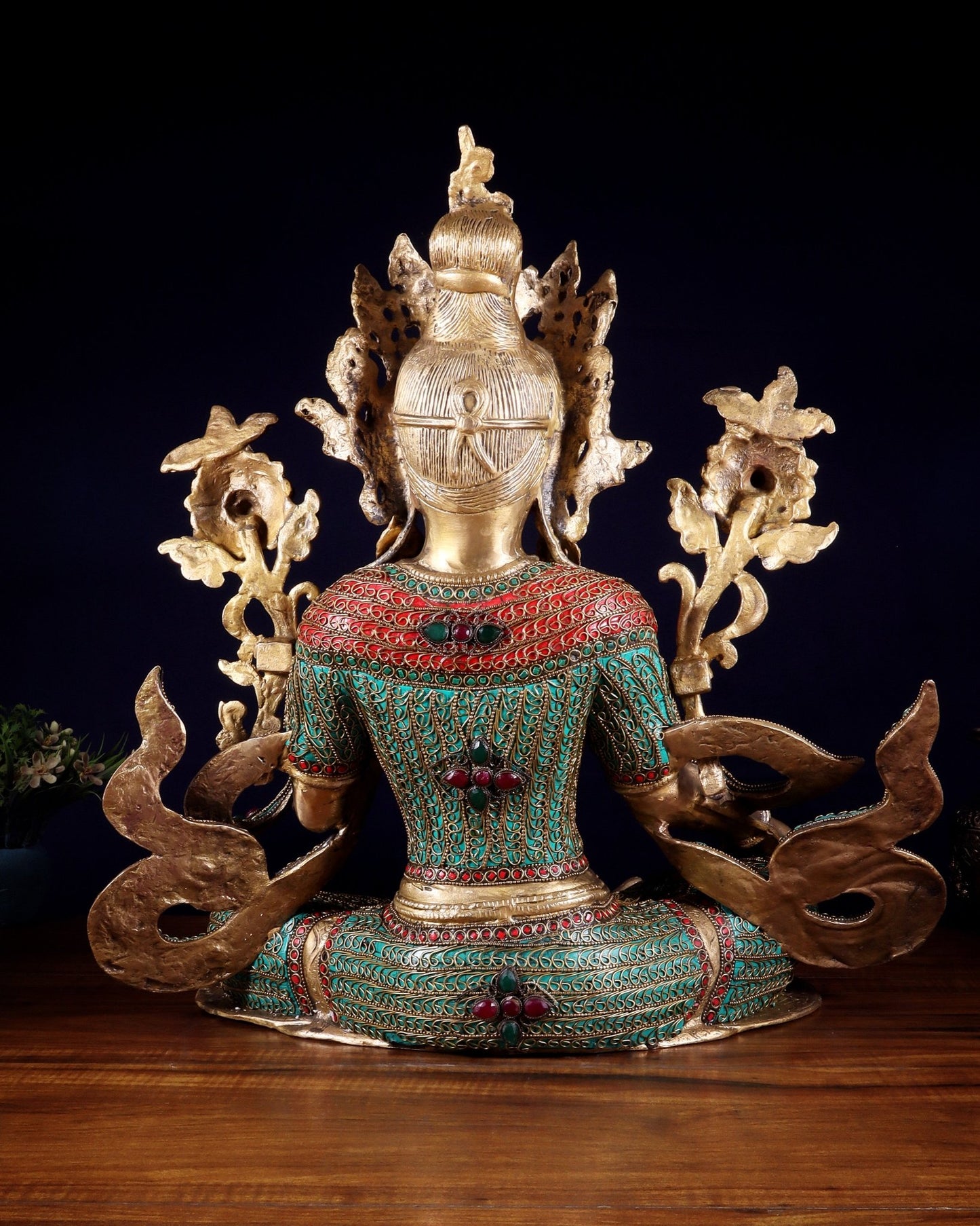Large Brass Green Tara Statue with Nepalese Meenakari & Stonework | 18.5 Inch - Budhshiv.com