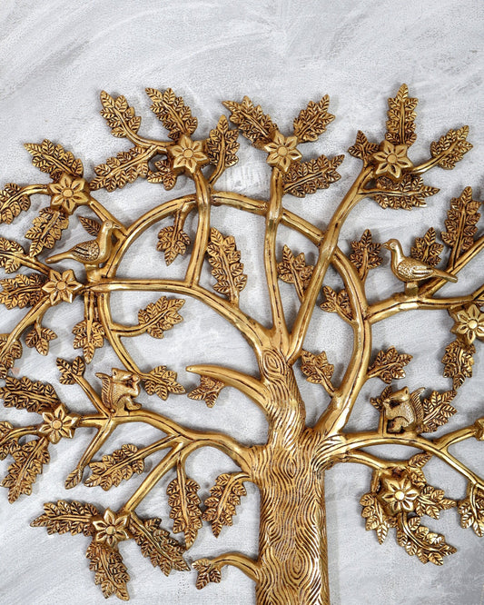 Large Brass Kalpavriksha Tree Wall Hanging with Birds & Squirrels – 21 Inch Divine Decor - Budhshiv.com