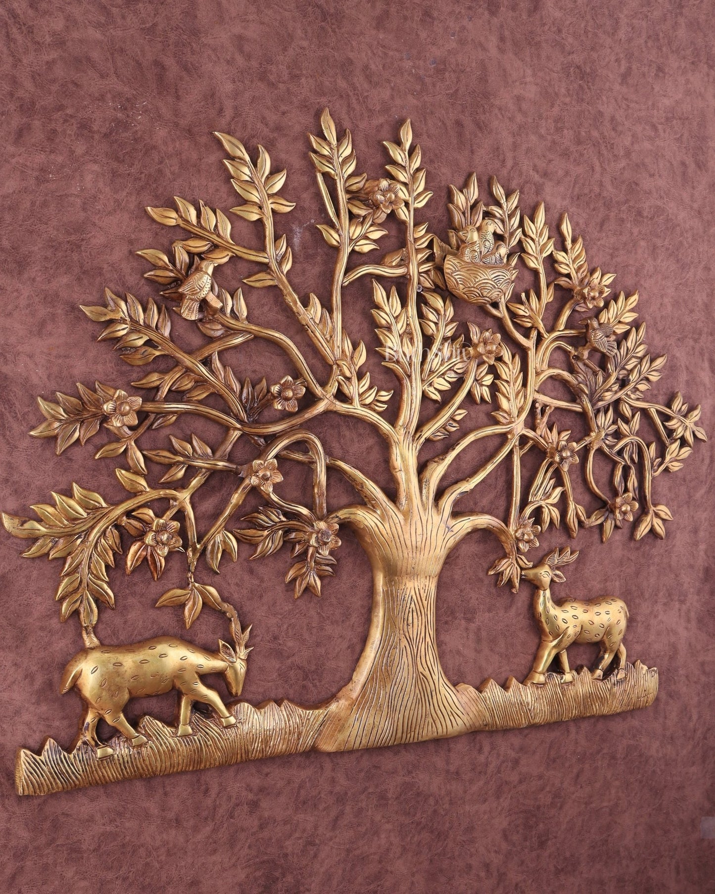 Large Brass Kalpavriksha Wall Hanging with Deers & Birds – 28"x22.5" - Budhshiv.com