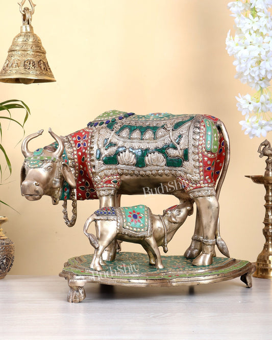 Large Brass Kamadhenu Cow with Calf Statue – Multicolour Meenakari Sacred Sculpture 18" wide - Budhshiv.com