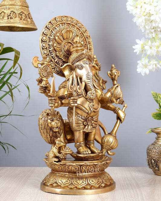 Large Brass Kana Drishti Ganesha Standing with Lion Statue | (18 inch/ 12kg) - Budhshiv.com