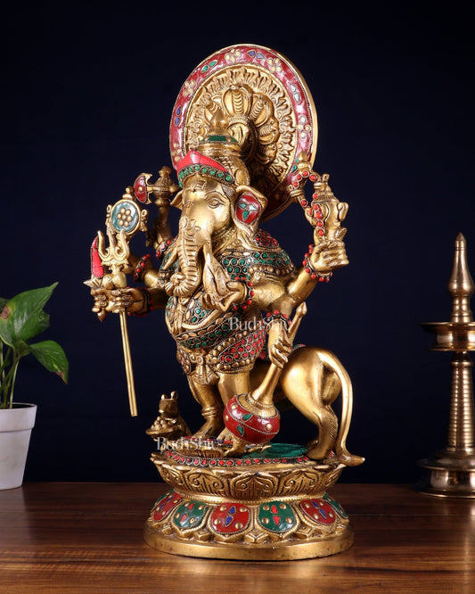 Large Brass Kana Drishti Ganesha Standing with Lion Statue 18 inch - Budhshiv.com